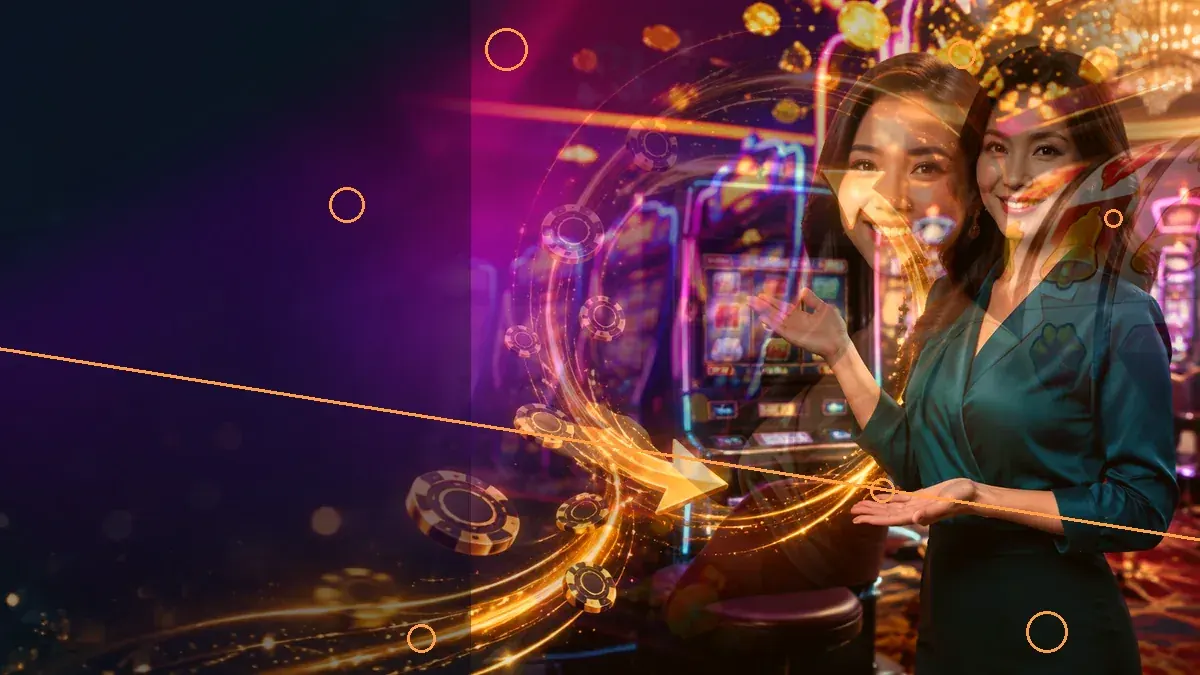 Woman beside a colourful slot machine — Elon Casino
